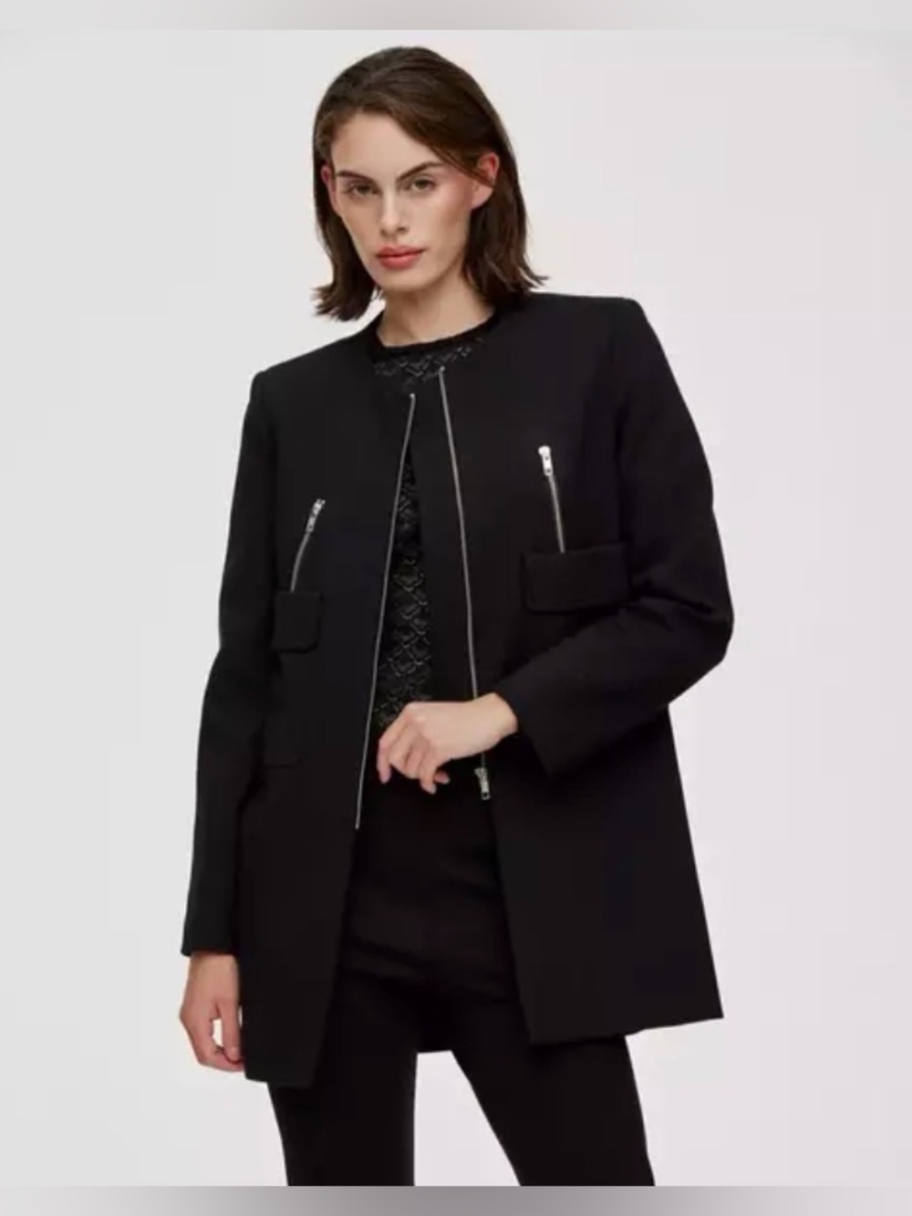 Metaphor Black Collarless Trench Coat with Gold Zippers